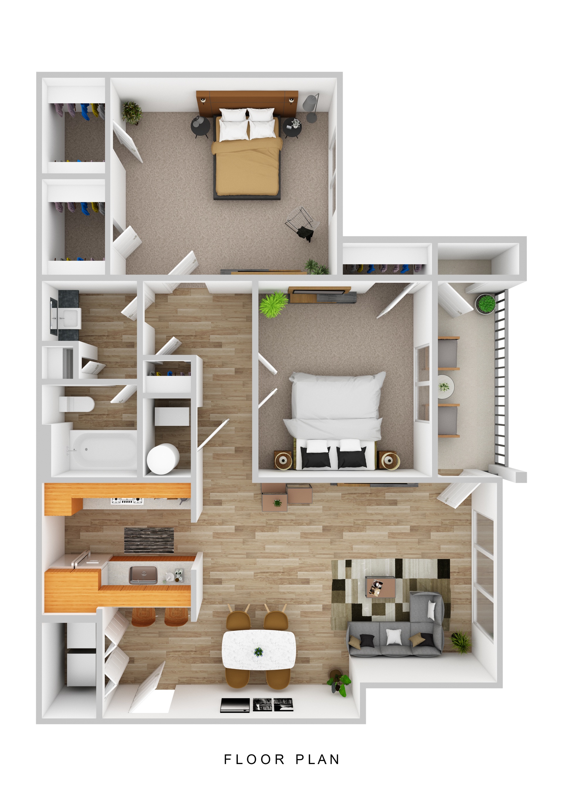 Floor plan for 2 beds, 1 bath, 1050 sqft